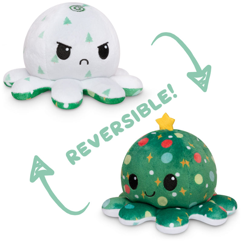 Two TeeTurtle Reversible Octopus Plushie (Snowy Trees + Christmas Ornaments) toys.