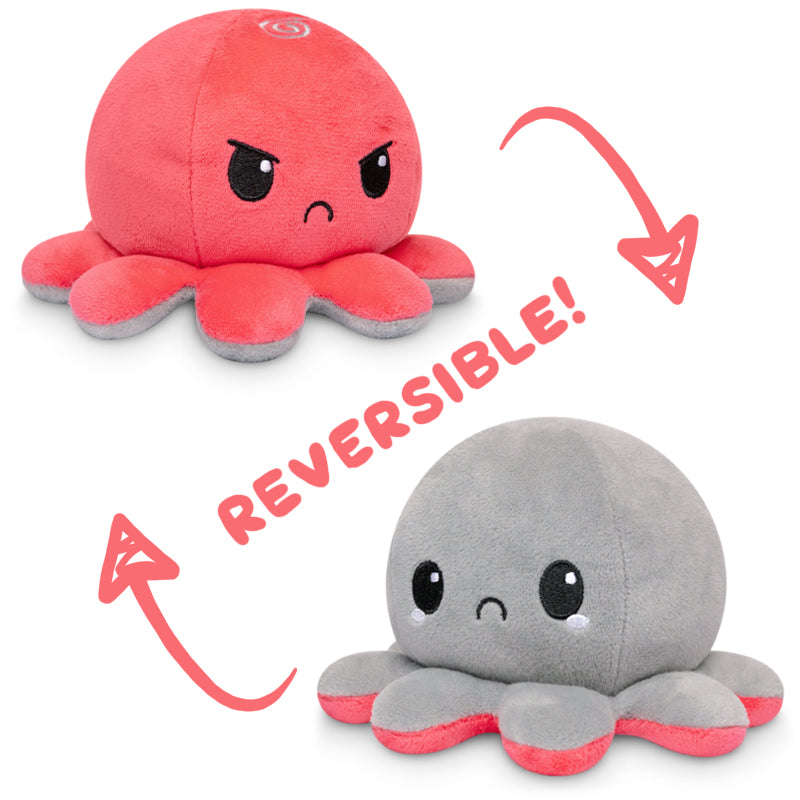 Two TeeTurtle Reversible Octopus Plushie (Red + Gray) toys perfect for TikTok videos.