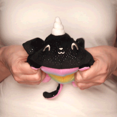A person holding a TeeTurtle Reversible Kittencorn & Puppicorn Plushie (Rainbow + Black Sparkle) with a unicorn hat on it.