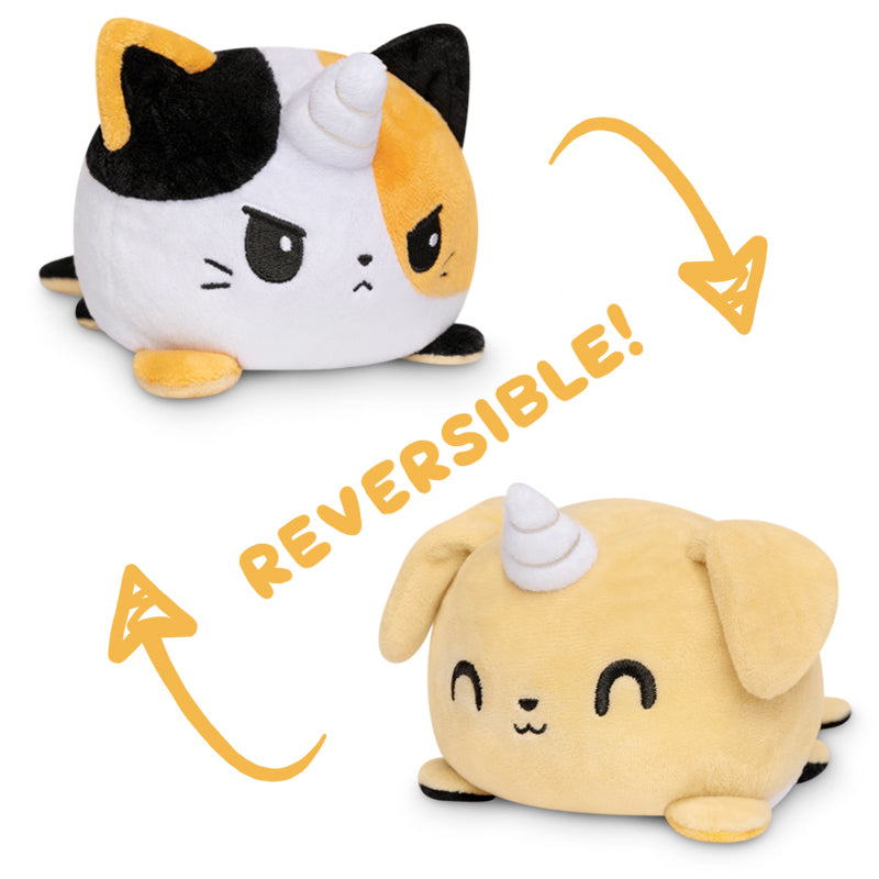 Two TeeTurtle Reversible Kittencorn & Puppicorn Plushies (Calico + Tan), adorned with the word "reversible" on them.