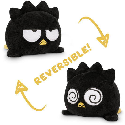 Two black Sanrio TeeTurtle stuffed animals with the words reversible, including a TeeTurtle Reversible Badtz-Maru Plushie. These mood plushies are perfect for cuddling and changing emotions!