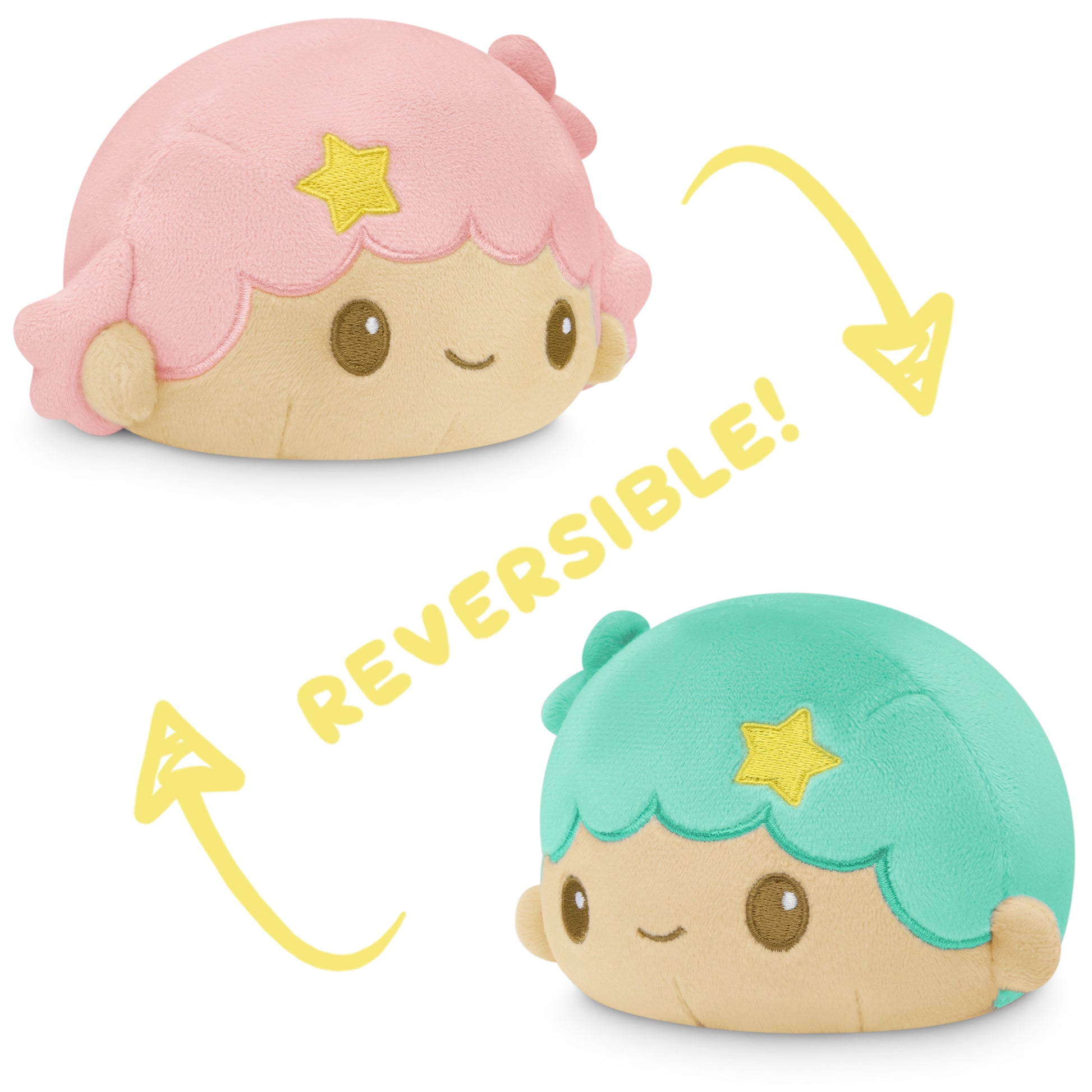Two TeeTurtle Reversible Little Twin Stars Plushies, inspired by the Little Twin Stars characters, featuring Sanrio designs.