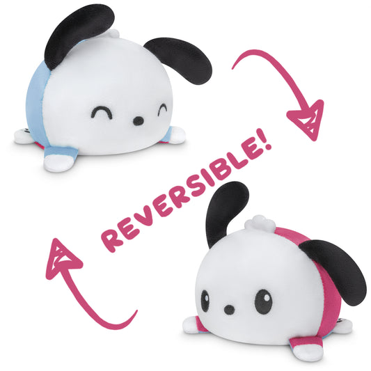 Two mood plushies, one being the Sanrio TeeTurtle Reversible Pochacco Plushie.