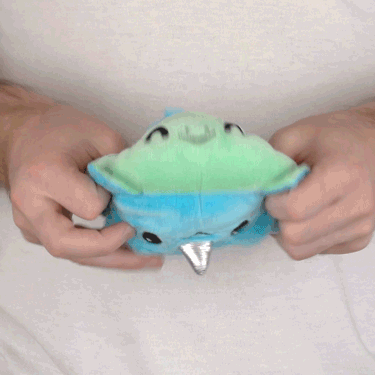 A person holding a TeeTurtle Reversible Triceratops & Stego Plushie.