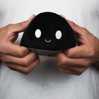 A person holding a black TeeTurtle Reversible Ball Plushie (Gray + Black) with a smile on it.