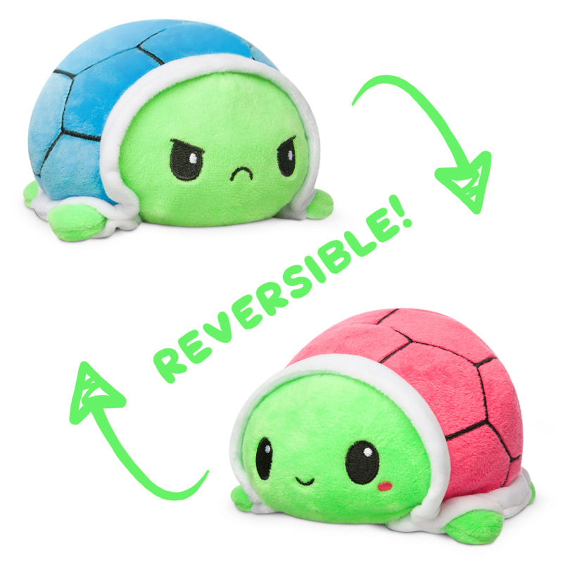 Two TeeTurtle Reversible Turtle Plushies (Blue Shell + Red Shell) from the TeeTurtle brand, perfect for showcasing different moods.