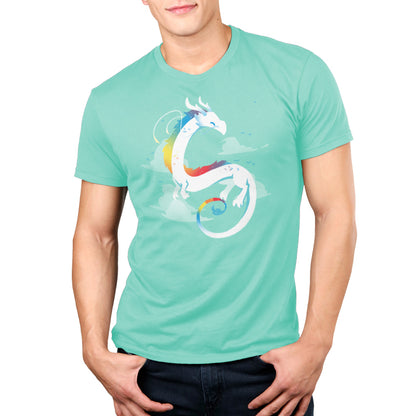 A man wearing a Rainbow Dragon t-shirt from TeeTurtle.