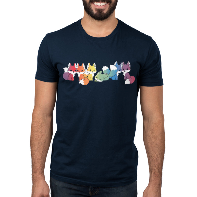 A man in a navy blue T-shirt from monsterdigital, featuring Rainbow Foxes in red, orange, yellow, green, blue, and purple lined up across the chest.