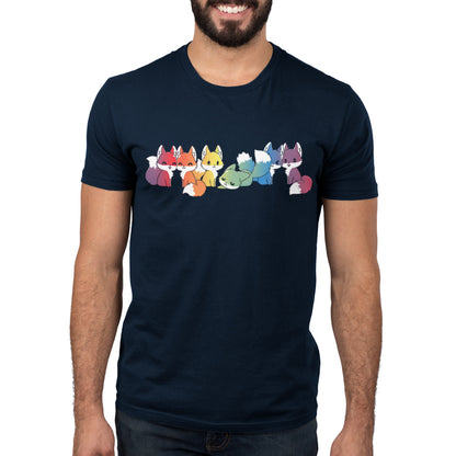 A man in a navy blue T-shirt from monsterdigital, featuring Rainbow Foxes in red, orange, yellow, green, blue, and purple lined up across the chest.