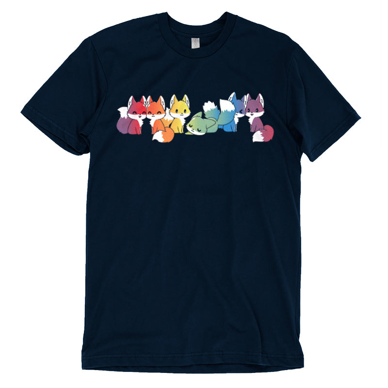The monsterdigital Rainbow Foxes features a row of five cartoon foxes in vibrant rainbow colors—red, orange, yellow, green, and purple—each sitting and facing forward.