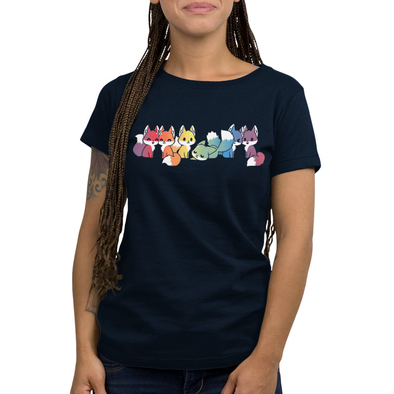 Person wearing a monsterdigital Navy Blue T-shirt adorned with a design of sitting cartoon Rainbow Foxes in various colors.