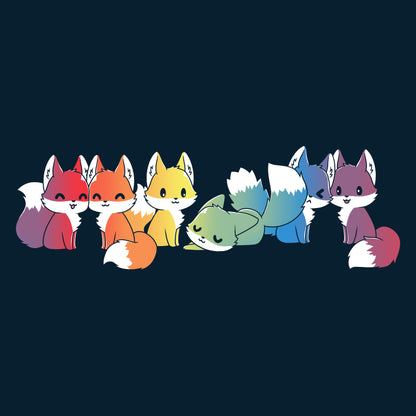 Illustration of seven cartoon foxes in a line, each in a different color: red, orange, yellow, green, blue, indigo, and purple against a dark background on a Navy Blue T-shirt from monsterdigital's Rainbow Foxes collection.