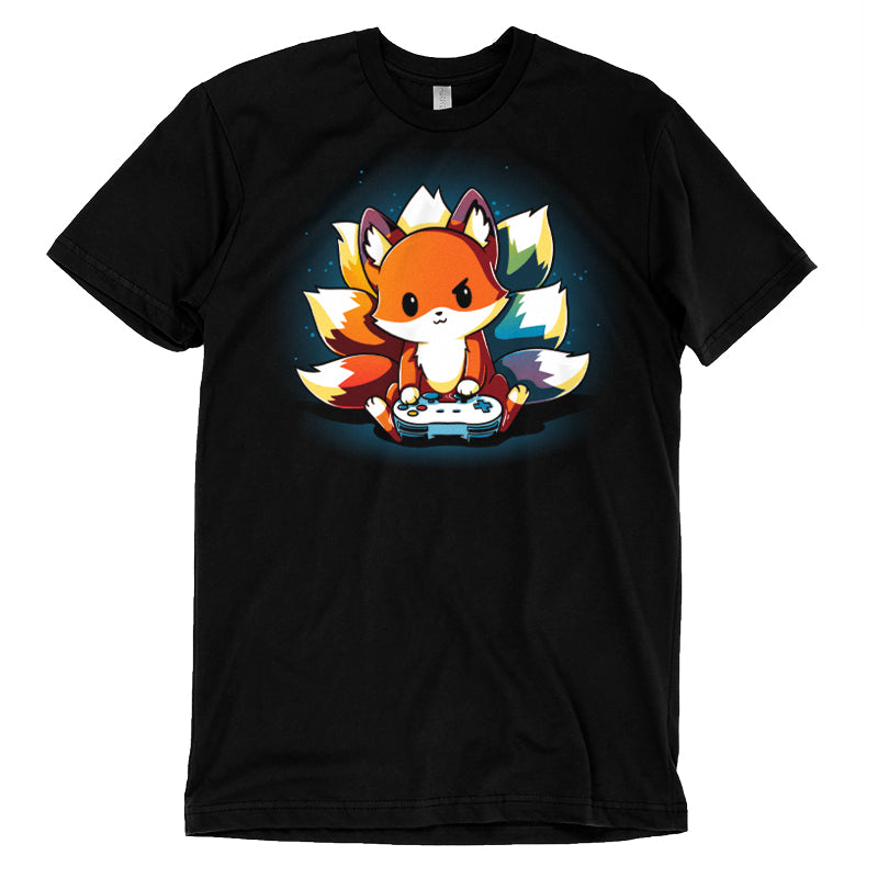 A TeeTurtle Rainbow Gamer black t-shirt with an orange fox design.