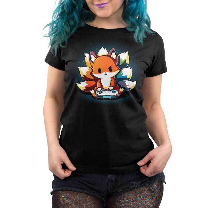 A TeeTurtle women's black Rainbow Gamer t-shirt with a super soft image of a fox.