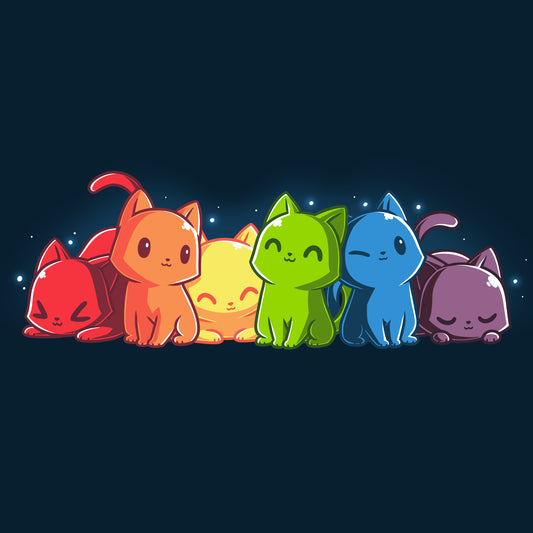 A group of Rainbow Kitties sitting in a row on a TeeTurtle navy blue t-shirt.