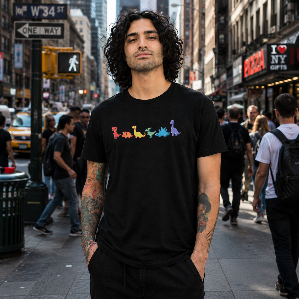 Premium Cotton T-shirt_TeeTurtle Rainbow Dinos black t-shirt featuring six colorful dinosaurs in a row, each a different color and species, from left to right: red, orange, yellow, green, blue, and purple.
