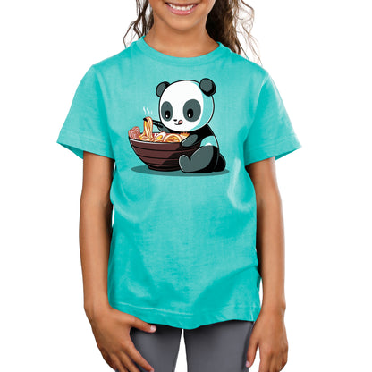 A child wearing a Caribbean Blue T-shirt with a cartoon print of monsterdigital's Ramen Panda holding a bowl of ramen.