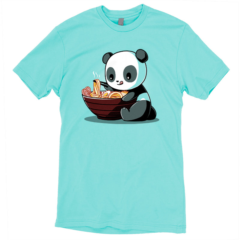 A Caribbean Blue T-shirt featuring a graphic of a Ramen Panda enjoying noodles from a large bowl, made from super soft ringspun cotton for ultimate comfort. Introducing the Ramen Panda by monsterdigital.