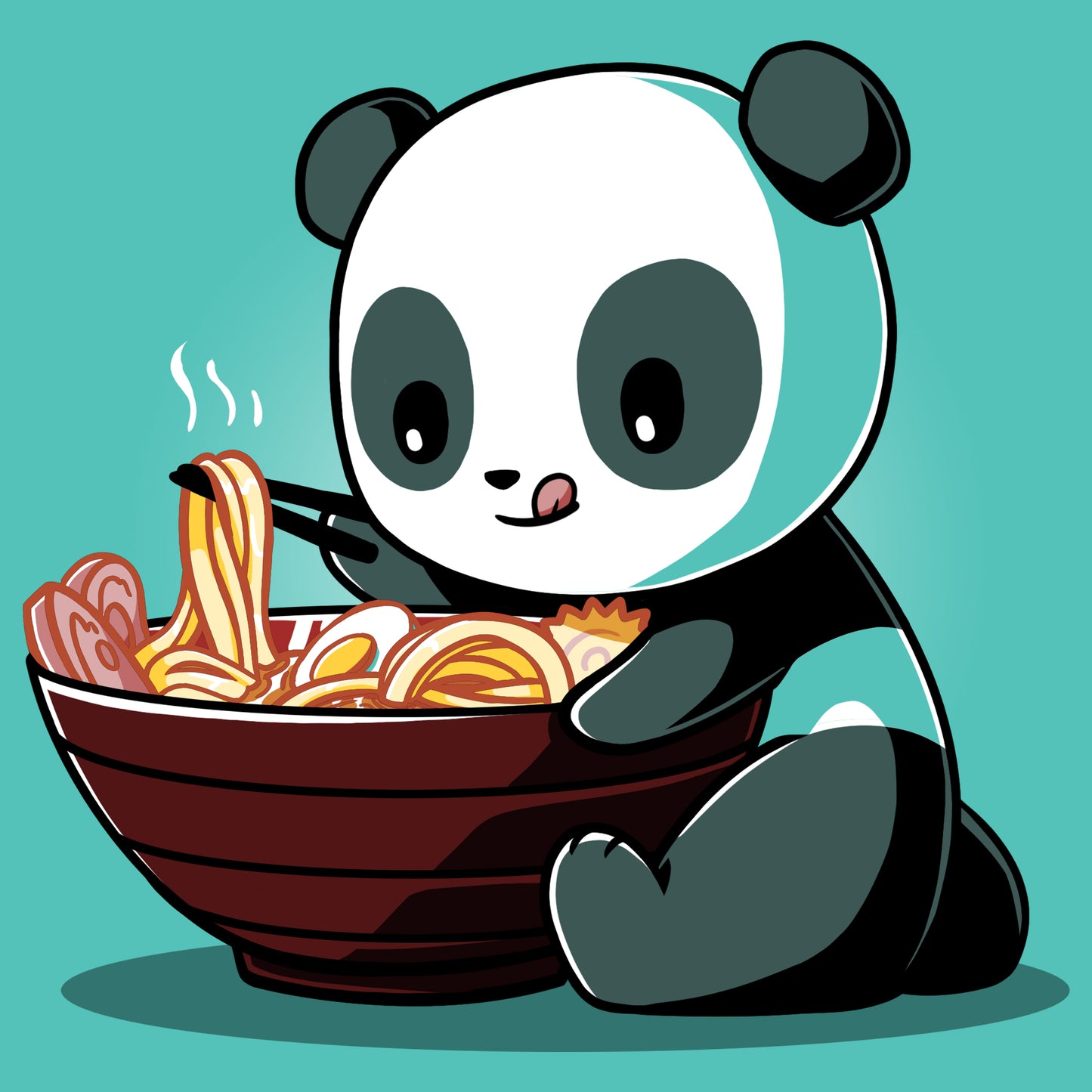 Illustration of a Ramen Panda eating noodles from a large bowl with chopsticks in its right hand, set against a teal background on a Caribbean Blue T-shirt by monsterdigital.