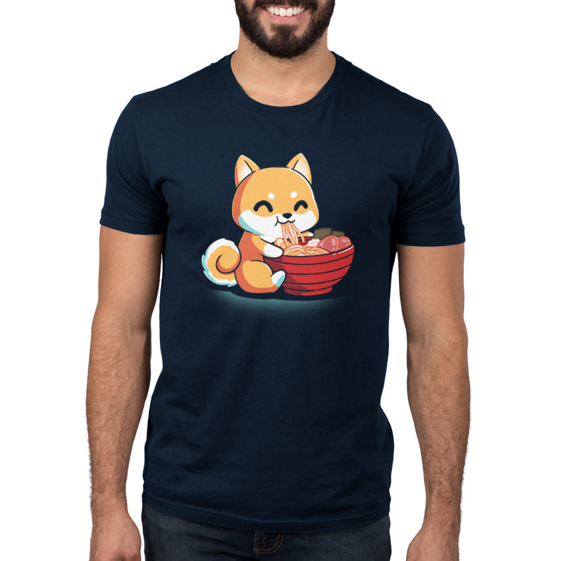 A TeeTurtle Ramen Shiba T-shirt featuring an image of a fox with a bowl of food.