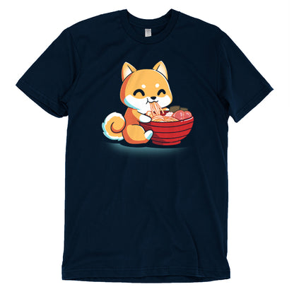 A navy blue TeeTurtle Ramen Shiba t-shirt featuring a fox in a bowl.