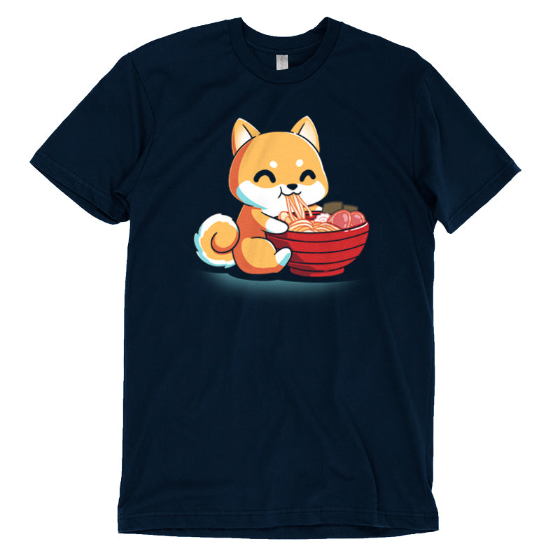 A navy blue T-shirt featuring a cute cartoon fox eating a bowl of ramen noodles, made from super soft ringspun cotton for ultimate comfort. Introducing the Ramen Shiba by monsterdigital.