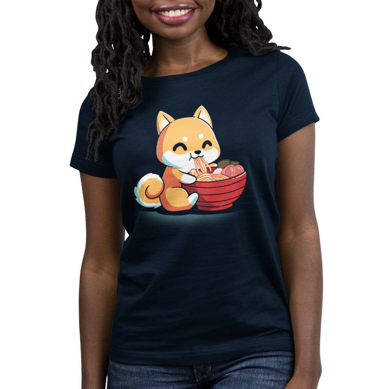 A navy blue women's Ramen Shiba t-shirt with an image of a fox in a bowl, made by TeeTurtle.
