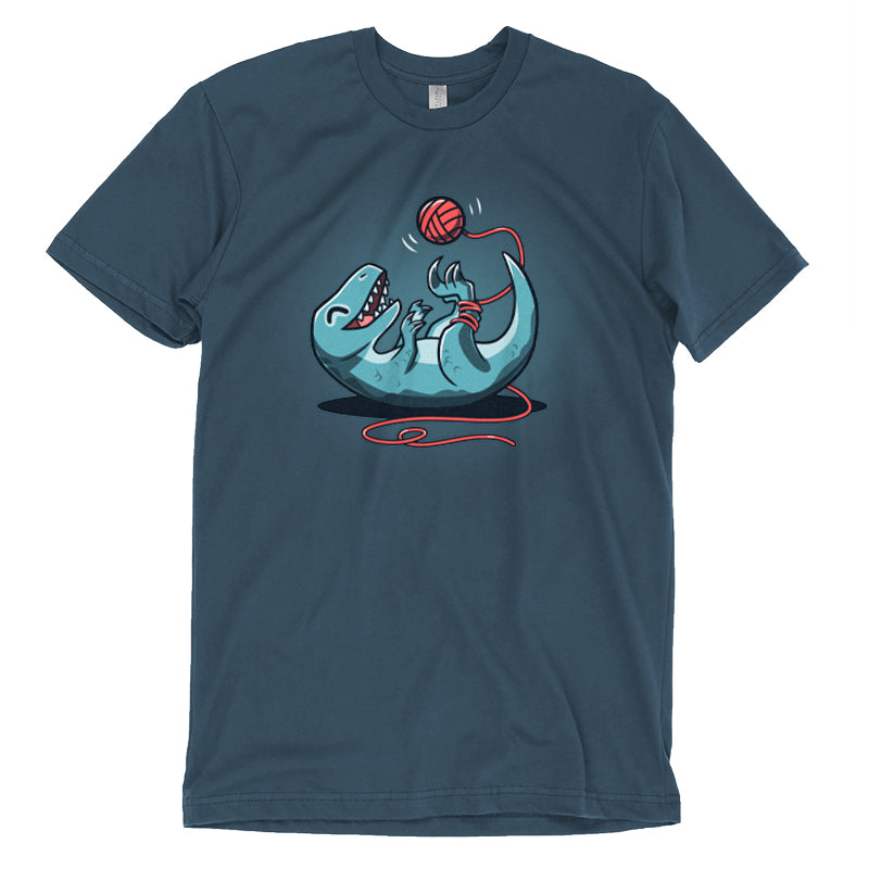A soft and comfortable blue TeeTurtle Velocikitty t-shirt with an image of a t-rex and yarn.