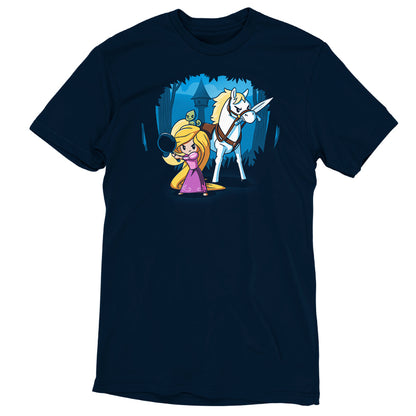 A navy blue unisex tee featuring an officially licensed image of Rapunzel's Adventure princess and a horse, by Disney.