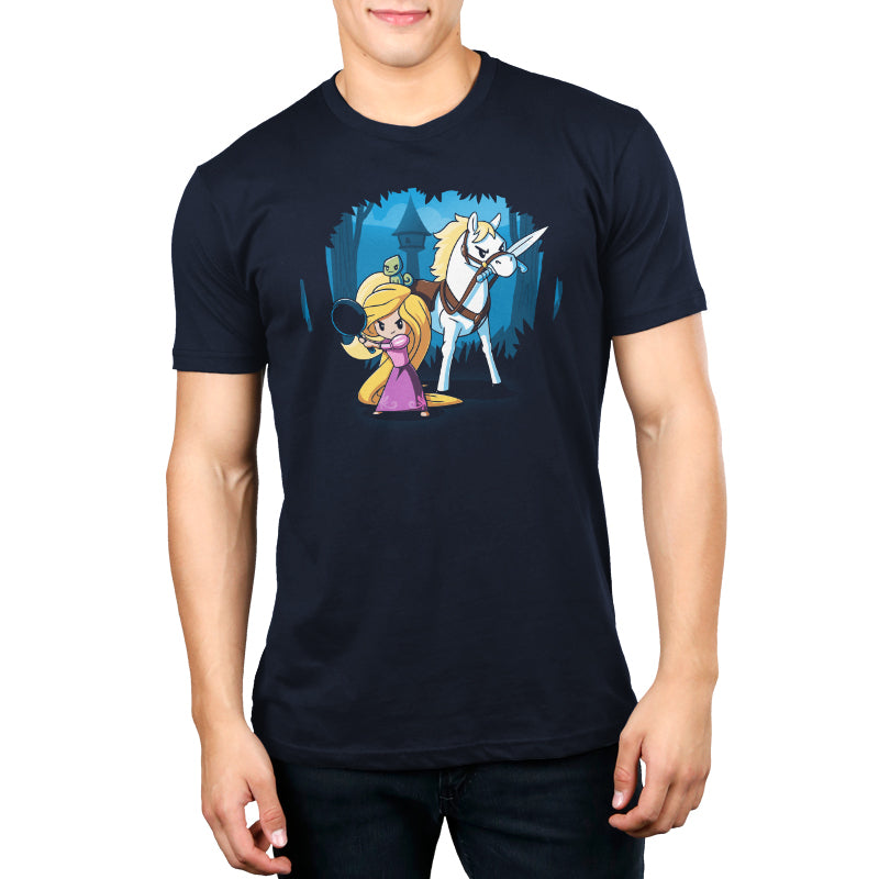 An officially licensed Rapunzel's Adventure navy blue t-shirt with a man and a woman on it. (Brand: Disney)