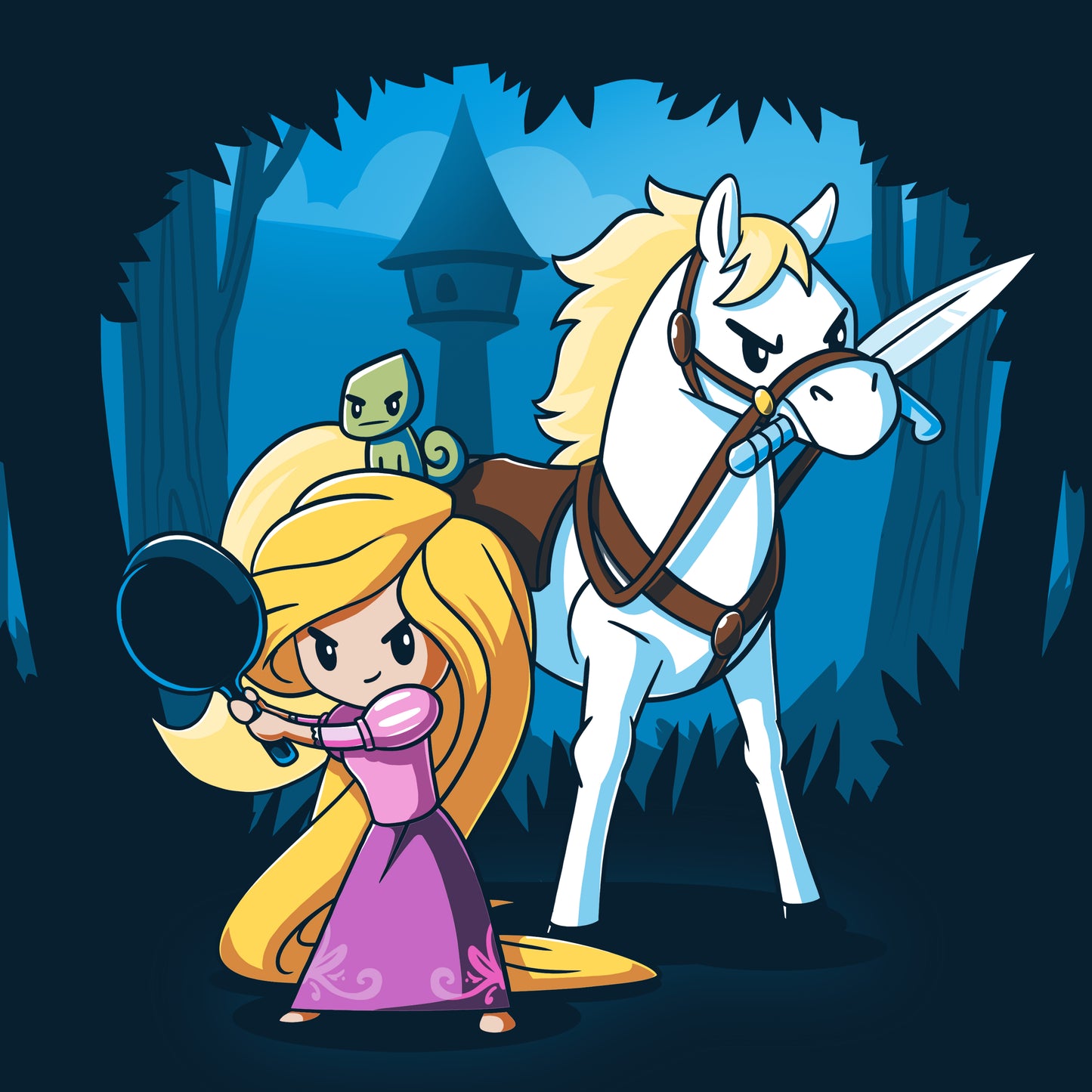 Officially licensed Rapunzel's Adventure Disney cartoon of a girl and a horse in a forest.