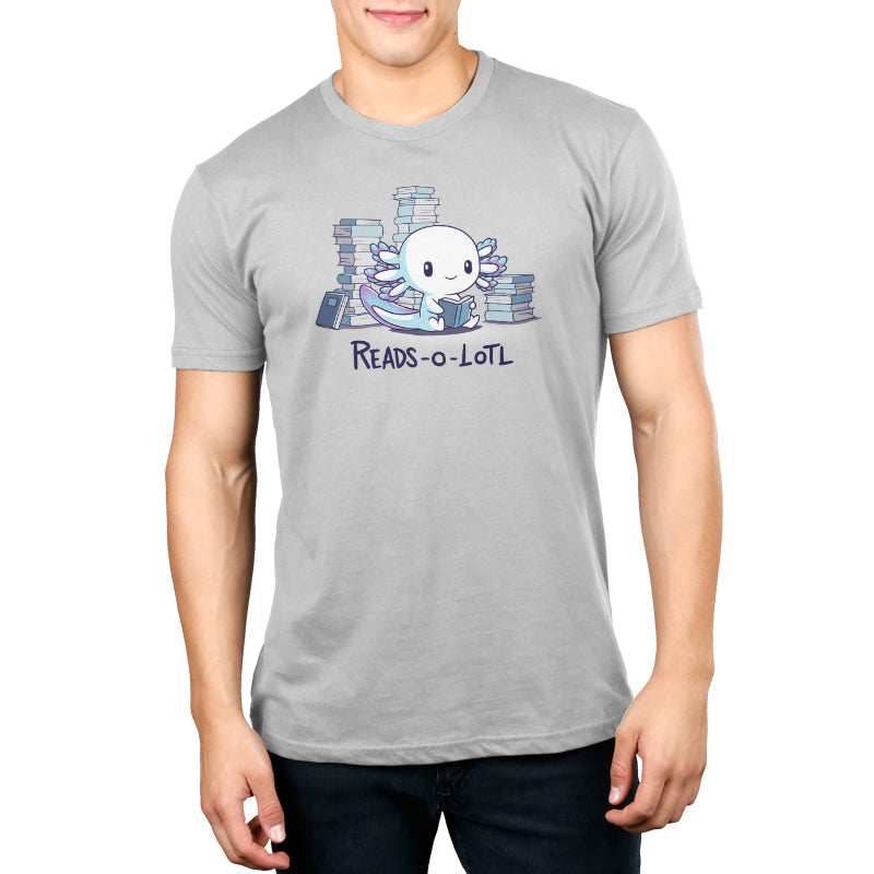 A man wearing a gray TeeTurtle t-shirt with an octopus design is diving into a Reads-o-lotl book.