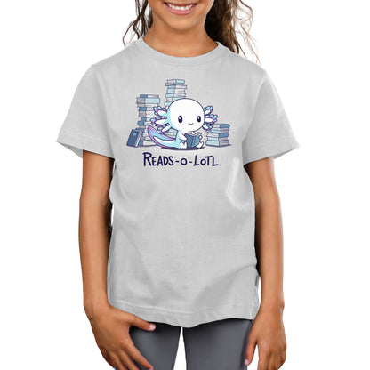 A girl wearing a TeeTurtle Reads-o-lotl t-shirt.
