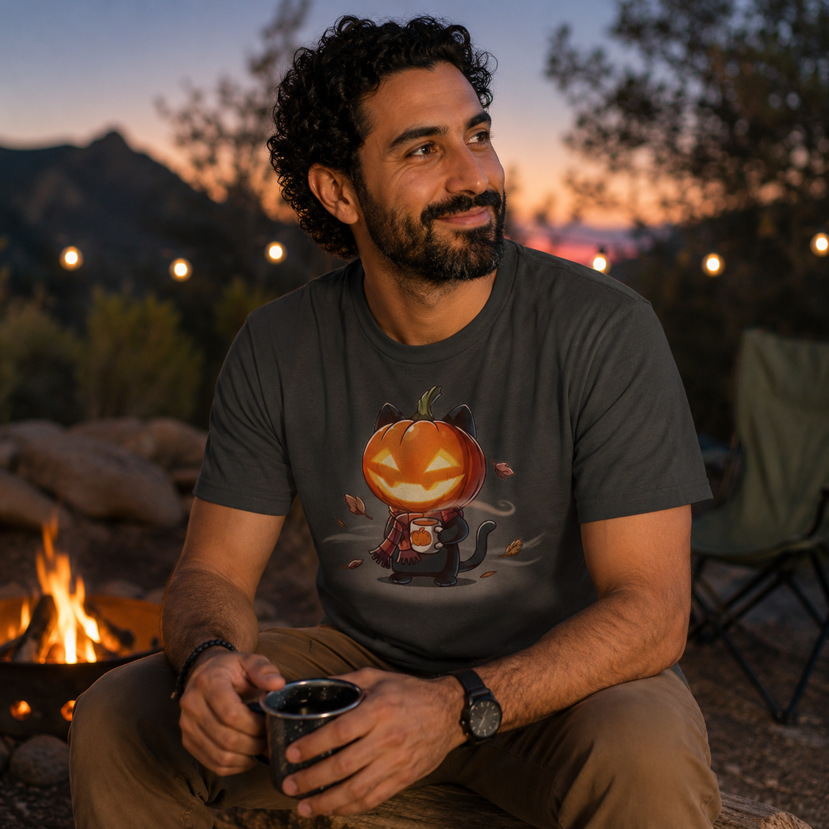 Men's Premium T-Shirt_TeeTurtle charcoal Ready for Fall Men's Premium T-Shirt featuring a cute black cat with a glowing jack-o'-lantern head wearing a striped scarf and holding a warm mug while autumn leaves swirl around it.