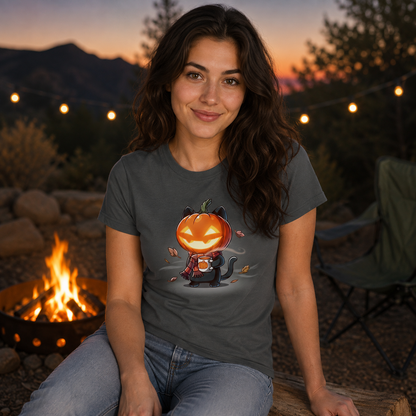 Women's Premium T-Shirt_TeeTurtle charcoal Ready for Fall Women's Premium T-Shirt featuring a cute black cat with a glowing jack-o'-lantern head wearing a striped scarf and holding a warm mug while autumn leaves swirl around it.