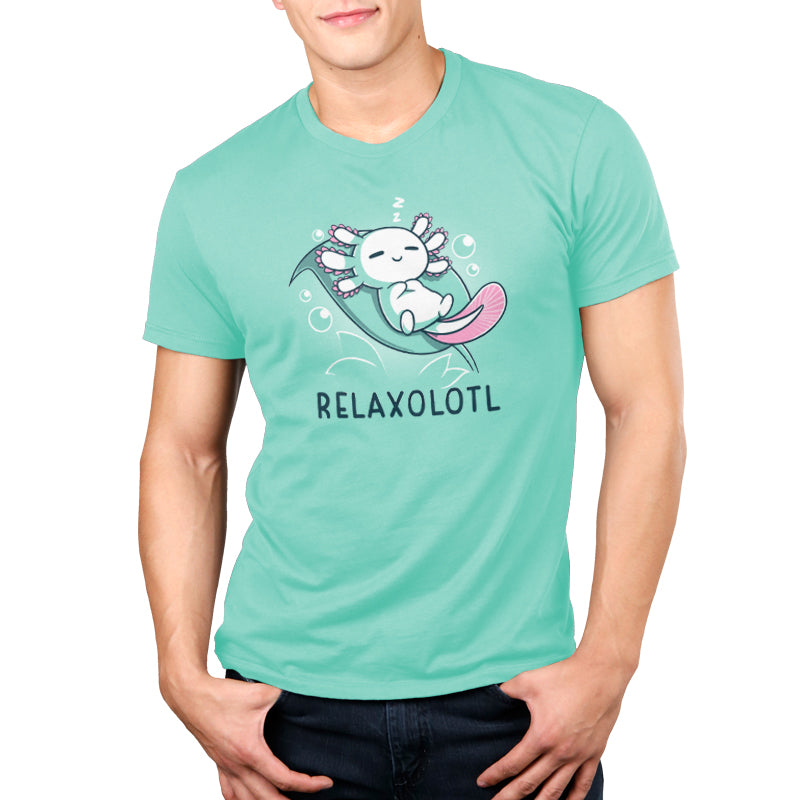 A man wearing a Relaxolotl tee from TeeTurtle, feeling comfy and chill.