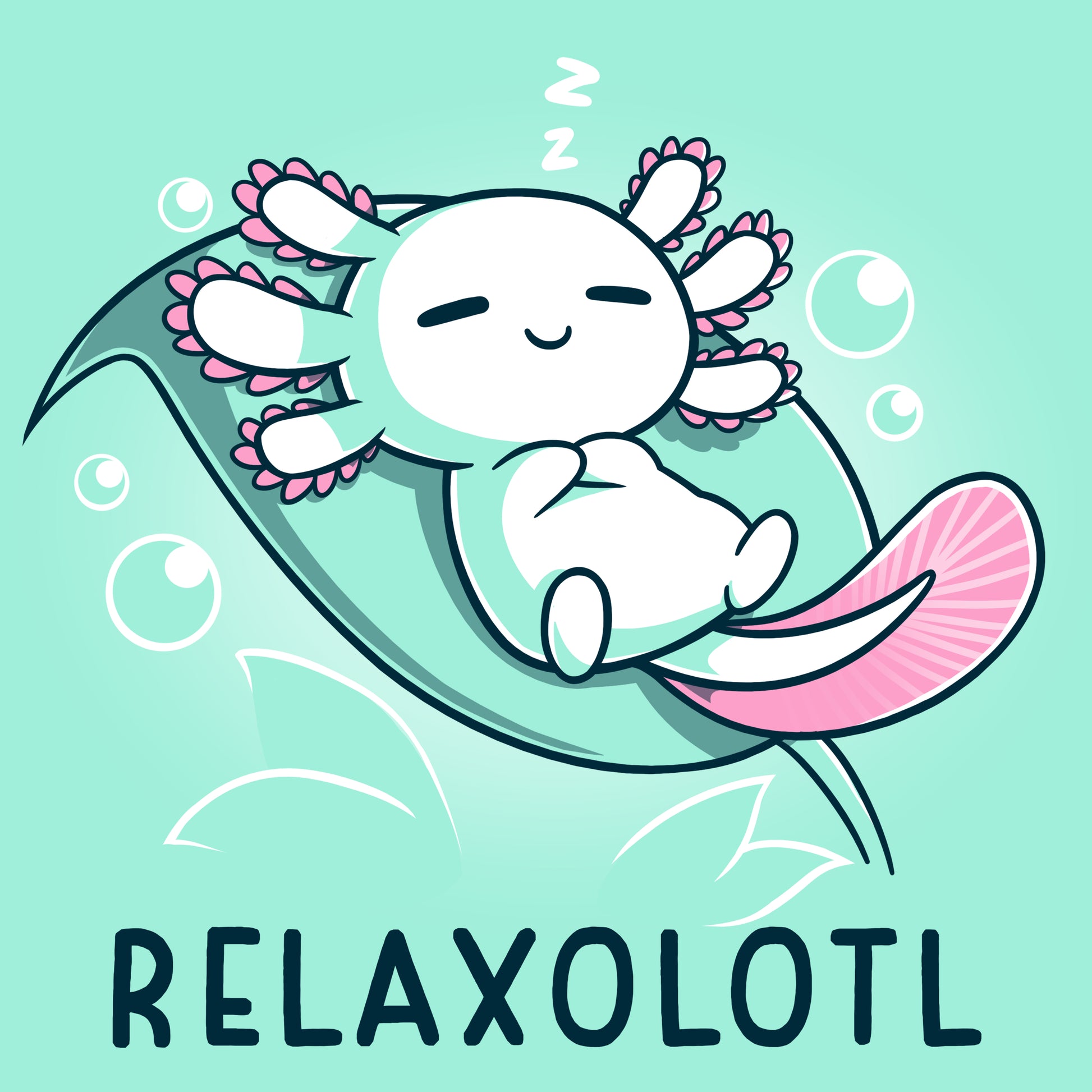 A comfy Relaxolotl T-shirt featuring a cute octopus sleeping on a leaf with the words TeeTurtle.