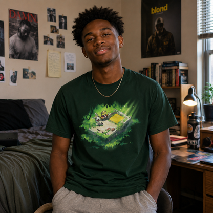Premium Cotton T-shirt_TeeTurtle forest green Relics of the Past apparel featuring a panda and a bunny wearing explorer outfits climbing over a gigantic handheld video gaming device that’s overgrown with plants in a jungle.