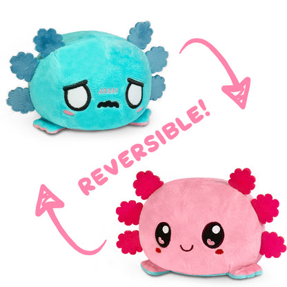 A TeeTurtle Reversible Axolotl Plushie (Pink + Aqua Worried) in pink and blue.