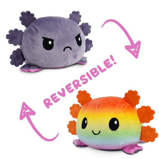 Two TeeTurtle Reversible Axolotl Plushies (Gray + Rainbow), one featuring a reversible axolotl design.