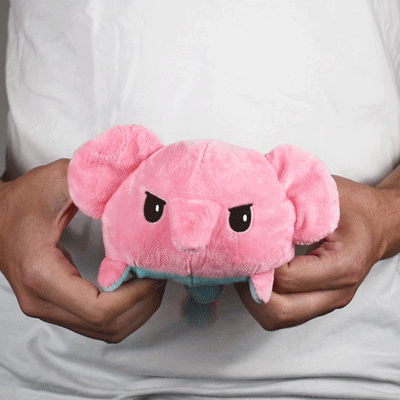 A person holding a TeeTurtle Reversible Elephant Plushie.