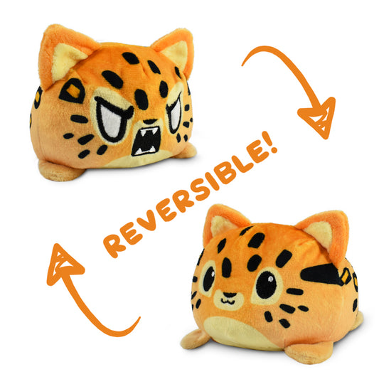 Two TeeTurtle Reversible Leopard Plushies, one in the form of a reversible leopard.