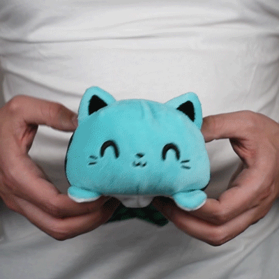A person holding a blue TeeTurtle Reversible Mercat Plushie.