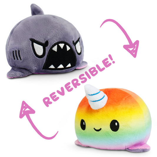 TeeTurtle presents the TeeTurtle Reversible Shark & Narwhal Plushie (Gray + Rainbow), perfect for those who love mood plushies.