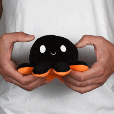 A person holding a TeeTurtle Reversible Octopus Plushie (Orange + Black) by TeeTurtle.