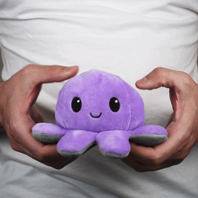 A man holding a TeeTurtle Reversible Octopus Plushie (Gray + Purple).