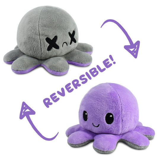 Two TeeTurtle Reversible Octopus Plushies in Gray + Purple, also known as mood plushies, featuring the words 