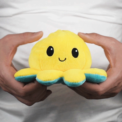 A TikTok-famous individual showcasing a TeeTurtle Reversible Octopus Plushie (Aqua + Yellow) by TeeTurtle.