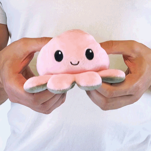 A man holding a TeeTurtle Reversible Octopus Plushie (Gray + Light Pink).