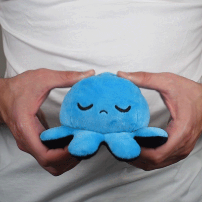 A TikTok user holding a TeeTurtle Reversible Octopus Plushie (Black + Blue).
